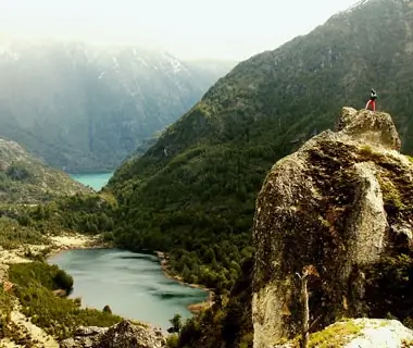 hikers in a valley in the Andes Mountain range, Chile