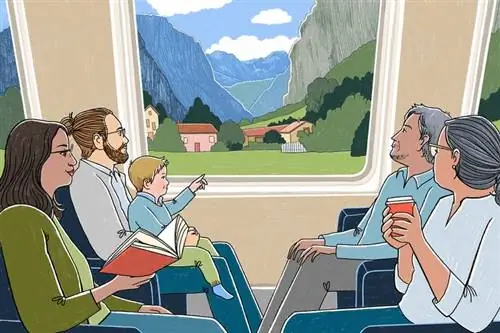 Иллюстрация семьи в поезде, проходящем через швейцарский город.