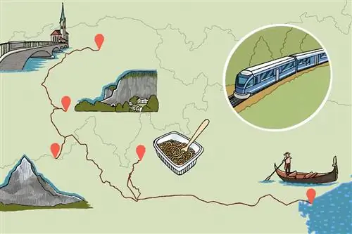 Иллюстрация карты проезда на поезде с указанием двух итальянских городов и трех швейцарских городов.