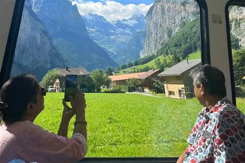 Пожилые родители смотрят в живописное окно поезда