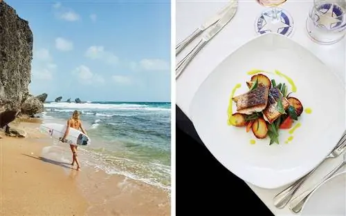 Серфер Челси Туах в Soup Bowl и обед в Lone Star на Барбадосе.