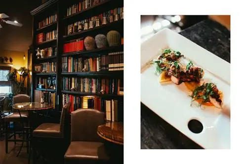 Слева: Обеденный зал Гоблинского рынка. Справа: Крупный план блюда с Гоблинского рынка.