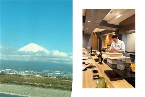 Вид на гору Фудзи в ясный день, и повар-суши готовится в Sushi Ojima.