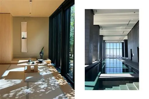 Внутренняя комната с солнечным светом, проникающим в Аман Киото, и пейзажный бассейн с видом