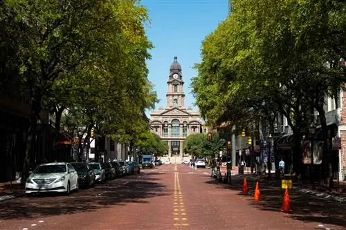 Форт-Уэрт, здание суда в центре Техаса, в конце обсаженной деревьями улицы.