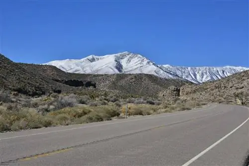 Пустынная дорога на фоне заснеженной горы Чарльстон