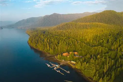 Вид с воздуха на курорт Salmon Falls Resort вдоль побережья с зелеными холмами позади него