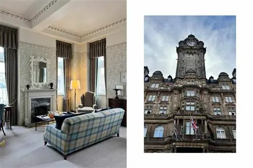 Интерьер люкса с камином и диваном и экстерьер отеля Balmoral в Эдинбурге