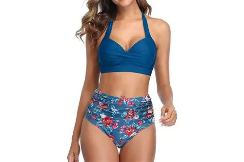 Tempt Me Women Two Piece Vintage Swimsuit Retro H alter Ruched High Waist Bikini with Bottom