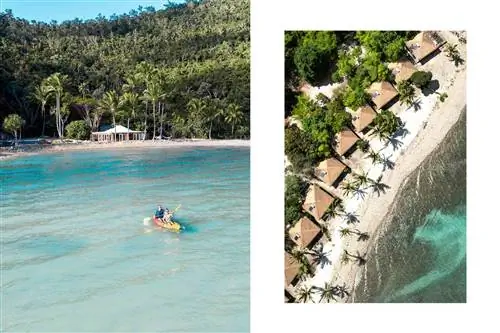 Две фотографии из Elysian Retreat в Австралии, на одной из которых изображен каякер у побережья, а на другой - вид на виллы с высоты птичьего полета.