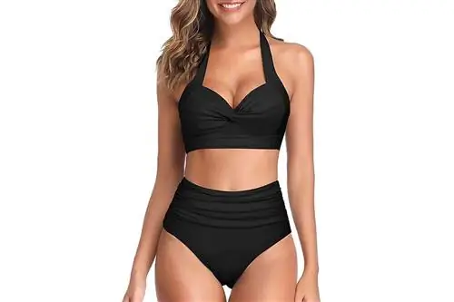 Tempt Me Women Two Piece Vintage Swimsuit Retro H alter Ruched High Waist Bikini with Bottom