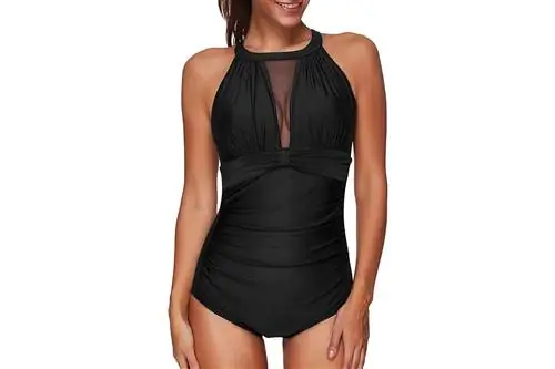 Tempt Me Women One Piece Swimsuit High Neck Plunge Mesh Ruched Монокини Купальники