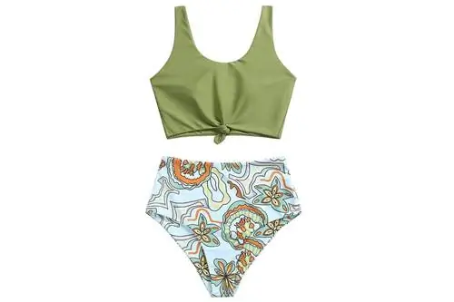 Женский купальник ZAFUL Tankini с высокой талией и круглым вырезом, завязанный из двух частей, комплект танкини