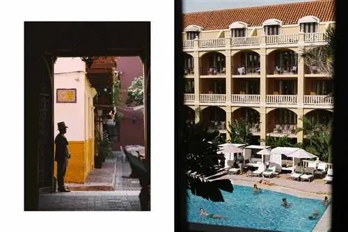 Два вида на отель Sofitel Legend Santa Clara в Картахене: на одном виден силуэт швейцара, а на другом - гости в бассейне.