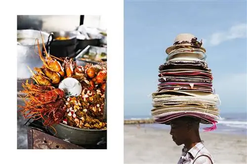 Пара фотографий из Колумбии, одна из которых изображает морепродукты на рынке, а другая - продавца со шляпами на голове.