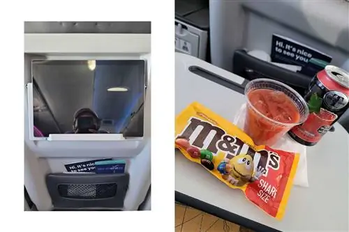 Спинка кресла первого класса, а также закуски и напитки в полете на рейсе Breeze Airways Спинка кресла первого класса, а также закуски и напитки в полете на рейсе Breeze Airways