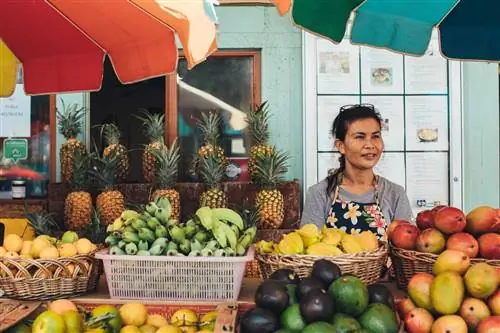 Женщина с лотком с фруктами на фермерском рынке в Кауаи.