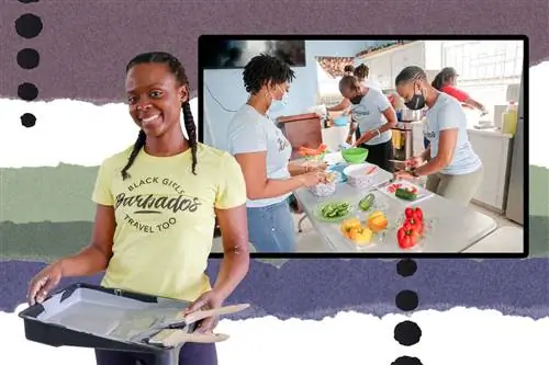 Женщина-волонтер с подносом для обезболивания и группа, готовящая еду на Барбадосе вместе с Black Girls Travel Too