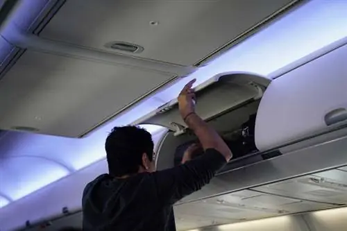 Пассажир ищет сумку в багажном отделении самолета