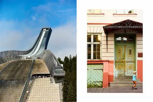 Пара фотографий, на одной из которых показана трасса для прыжков с трамплина в Исло, а на другой - ребенок перед красочным зданием в Эстонии.