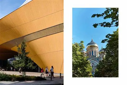 Пара архитектурных фотографий, на одной из которых изображен пышный экстерьер библиотеки в Хельсинки, а на другой - купол собора в Латвии.