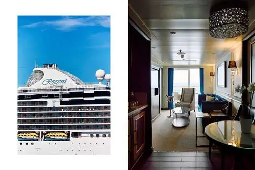 Две фотографии с круизного лайнера Regent Splendor, на одной из которых показаны балконы корабля, а на другой - пентхаус.