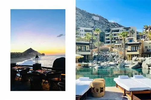 Вид на океан и горы на закате и курортный бассейн в Waldorf Astoria в Кабо-Сан-Лукас