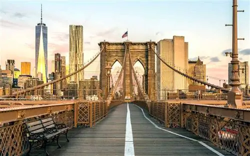 Бруклинский мост и Нижний Манхэттен на рассвете, Нью-Йорк