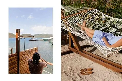 Две фотографии с Верджин-Горда, на одной из которых мужчина принимает душ на открытом воздухе, а на другой - женщина, отдыхающая в гамаке на пляже.