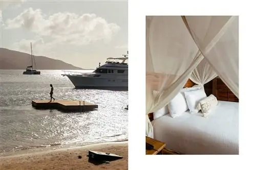 Две фотографии с Верджин-Горды, на одной из которых изображен мужчина в плавучем доке, а на другой - гостевая кровать с балдахином.