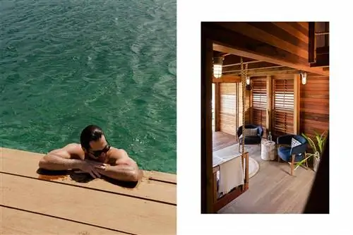 Две фотографии с Верджин-Горды, на одной из которых изображен мужчина, отдыхающий на причале, а на другой - палуба гостевой комнаты.