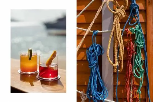 Две фотографии с Верджин-Горда, на одной из которых показаны коктейли у воды, а на другой - морские канаты, висящие на здании.