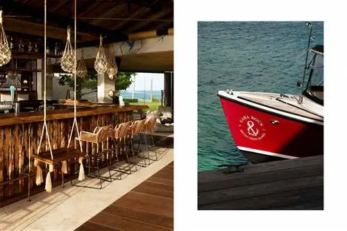 Две фотографии с курорта Saba Rock, одна из которых показывает бар отеля, а другая - красную лодку отеля, которая доставляла гостей на остров.