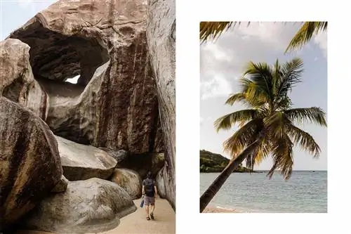 Две фотографии из Верджин-Горда, на одной из которых показаны скальные образования Ванны, а на другой - пальма на пляже.
