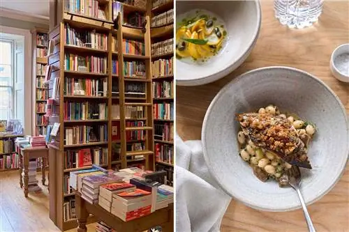 Две фотографии из Эдинбурга, Шотландия, на одной изображен интерьер книжного магазина, а на другой - блюдо из рыбы с фасолью в ресторане.