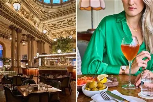 Две фотографии из отеля Gleneagles Townhouse в Эдинбурге, Шотландия, одна из которых показывает интерьер ресторана, а другая - столик с коктейлем и закусками.