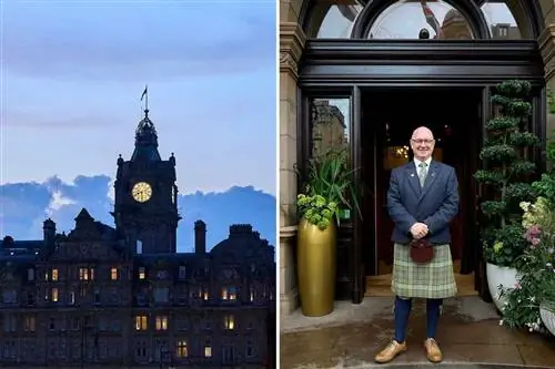 Две фотографии из отеля Balmoral в Эдинбурге, Шотландия, на одной из которых видна колокольня отеля в сумерках, а на другой - сотрудник в килте.