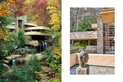 Две фотографии из Fallingwater, сделанные Фрэнком Ллойдом Райтом, одна из которых показывает экстерьер осенью, а другая - внешнюю террасу.
