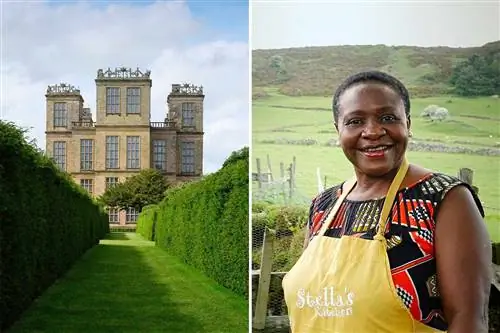 Две фотографии из Великобритании, на одной из которых показан внешний вид здания поместья, а на другой - Стелла Кисоб из Stella's Kitchen.
