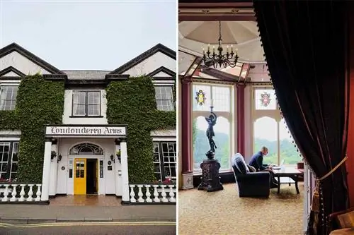 Две фотографии из Северной Ирландии, на одной из которых виден покрытый зеленью фасад отеля, а на другой - мужчина за столиком в холле отеля.
