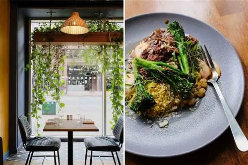 Две фотографии из Северной Ирландии, на одной из которых изображен столик у окна в ресторане, а на другой - блюдо с брокколи.