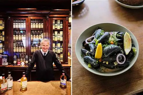 Две фотографии из Северной Ирландии, на одной из которых изображен владелец магазина виски, а на другой - тарелка с мидиями в ресторане.