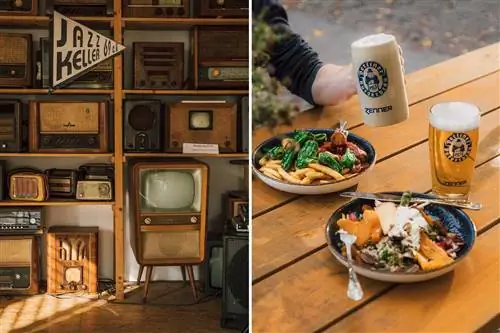 Две фотографии из Восточного Берлина, на одной из которых показаны старинные радиоприемники и телевизоры, а на другой - еда и пиво на деревянном столе.