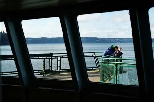 Мальчик-подросток и его младшая сестра смотрят через перила парома, идущего через Пьюджет-Саунд к острову Вашон в районе Сиэтла, штат Вашингтон.