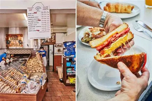 Две фотографии из Монреаля, Канада, показывают рогалики в St Viateur и бутерброд в Beautys.