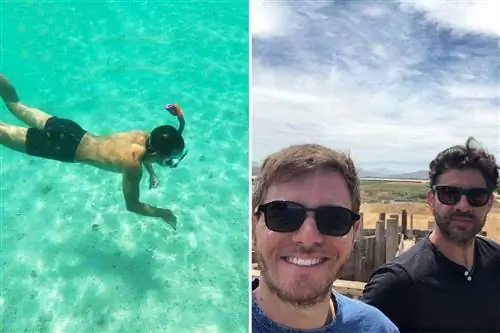 Фотографии Pai rot, на которых изображен человек, ныряющий под бирюзовую воду, и двое мужчин, основателей отеля Paradero в Мексике.