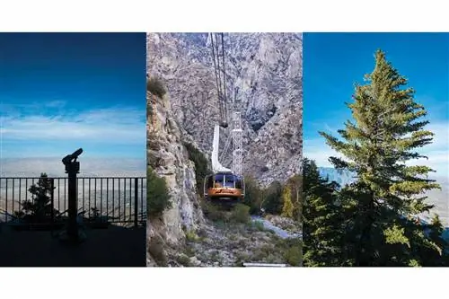 Коллаж из трех фотографий, виды с вершины канатной дороги Палм-Спрингс и трамвайный вагон на пути к вершине горы Сан-Хасинто.