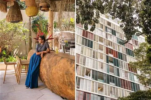 Две фотографии из Сан-Паулу, одна из которых показывает актрису Таис Лаго в баре отеля, а другая - детали современного многоквартирного дома середины века.