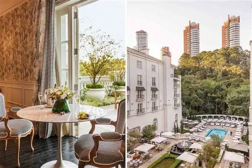 Две фотографии из отеля Palacio Tangara в Сан-Паулу, в том числе вид из люкса и бассейн отеля.