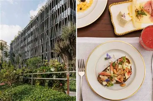Две фотографии из отеля Rosewood Sao Paulo, включая экстерьер, и блюдо для завтрака.